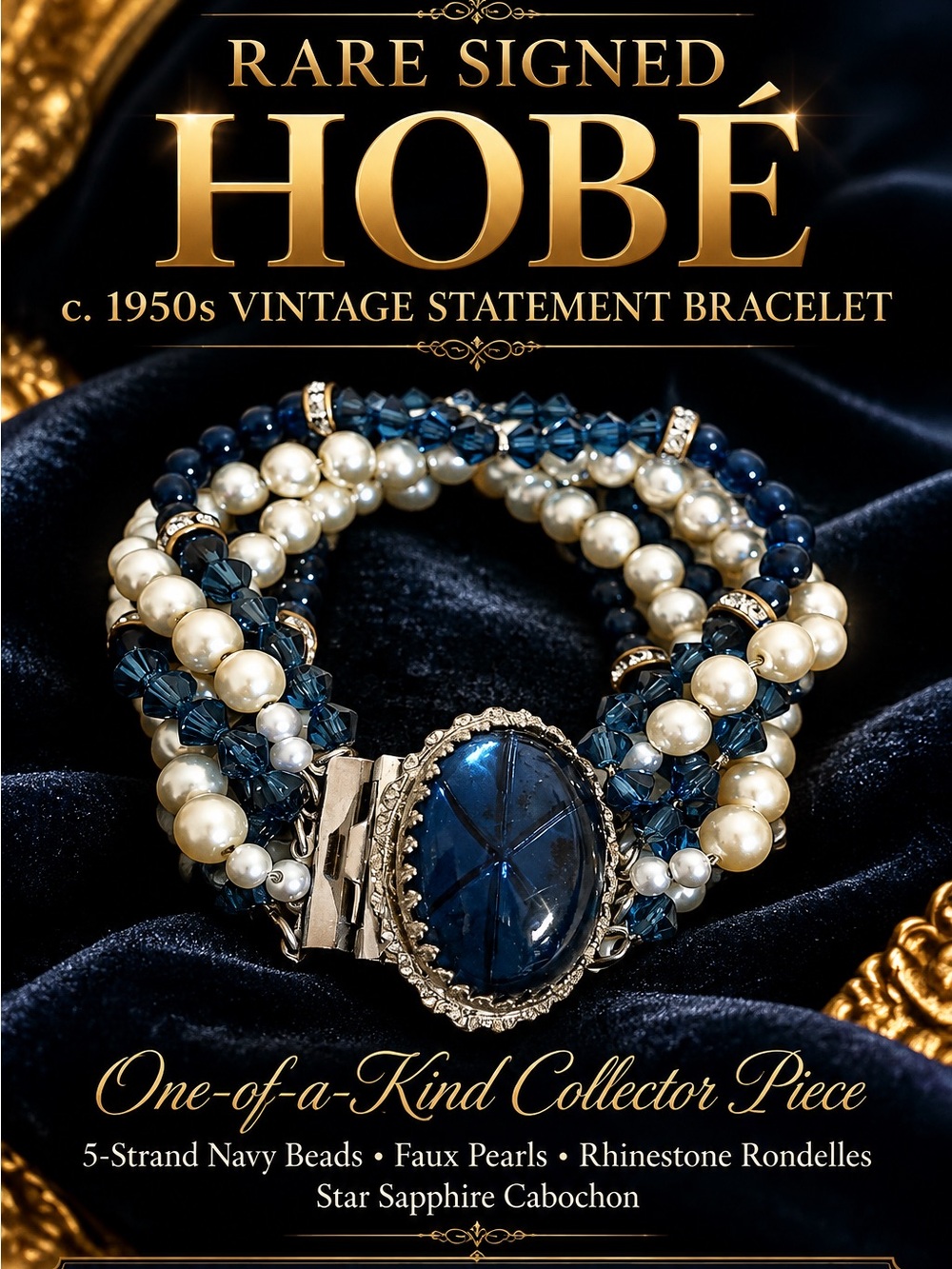 Rare Signed HOBÉ c. 1950s Vintage 5-Strand Navy Bead & Faux Pearl Statement Brac